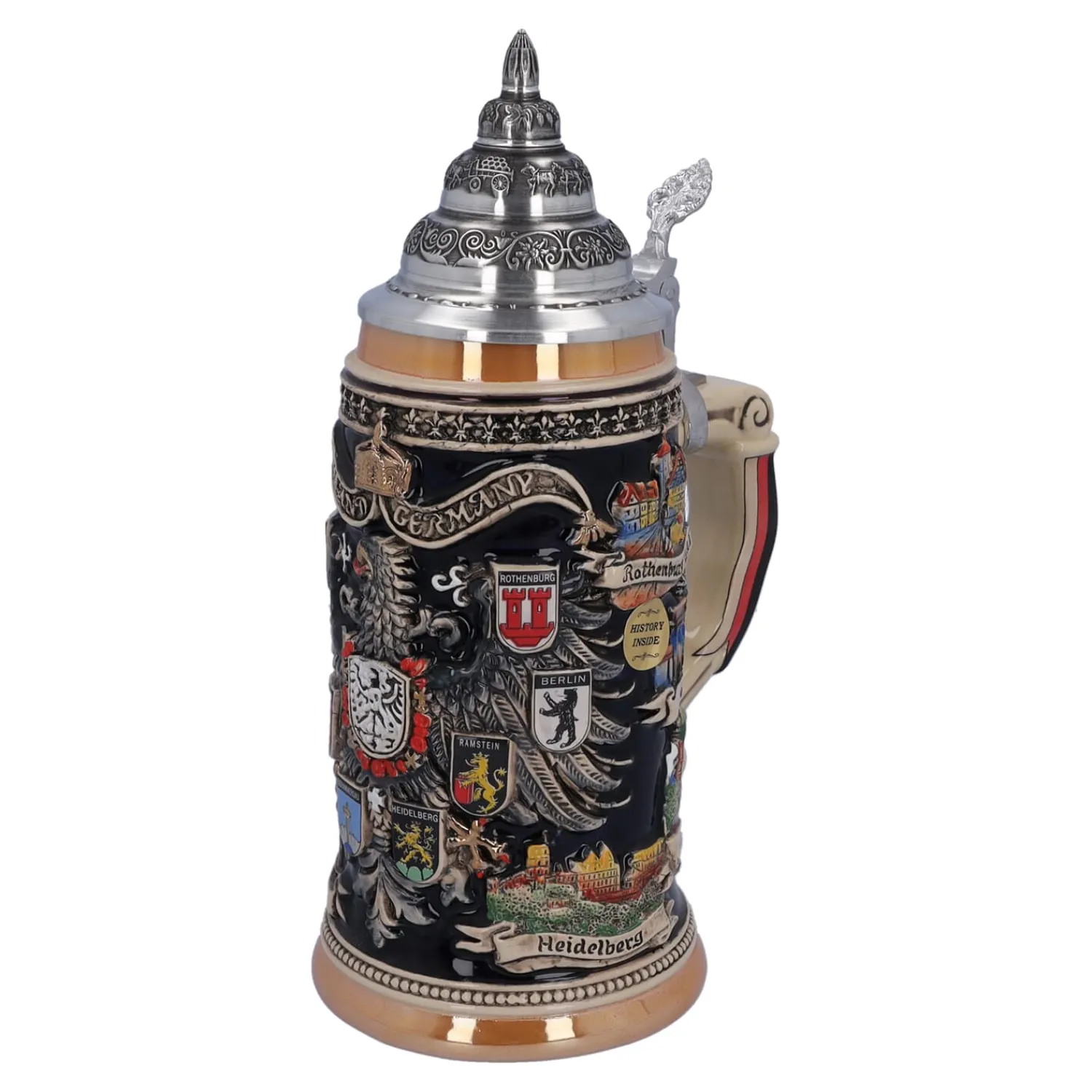 Bierkrüge|Rothenburg Motive-Bierkrug mit Zinndeckel "Stadtwappen", schwarz, 0,75l