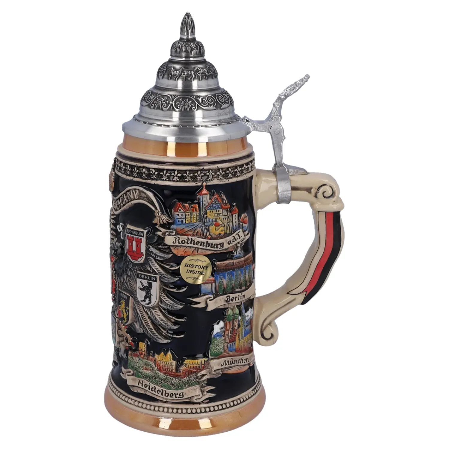 Bierkrüge|Rothenburg Motive-Bierkrug mit Zinndeckel "Stadtwappen", schwarz, 0,75l