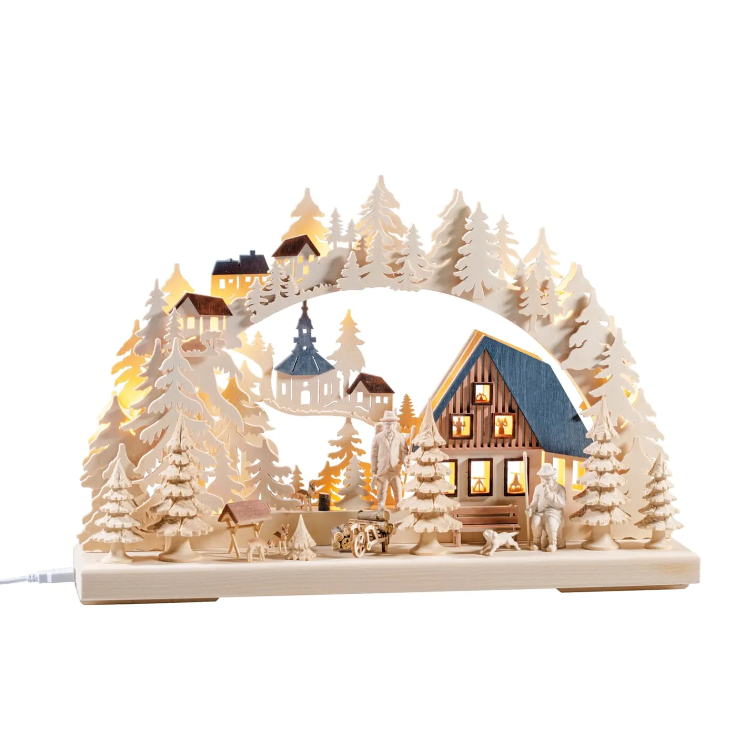RATAGS Holzdesign Schwibbogen Weihnachten-3-D Schwibbogen "Holzfällerhaus", 230V mit USB A-Anschluss