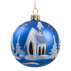 Weihnachtskugeln-Glaskugel blau matt Kirche, 8 cm