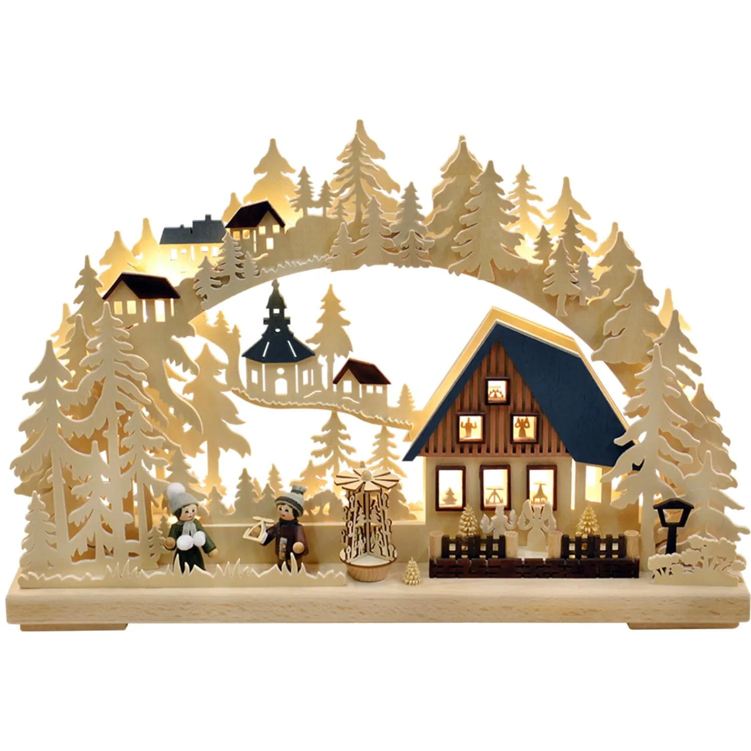 RATAGS Holzdesign Schwibbogen Weihnachten-Schwibbogen "Weihnacht in Seiffen", 230V mit USB A-Anschluss