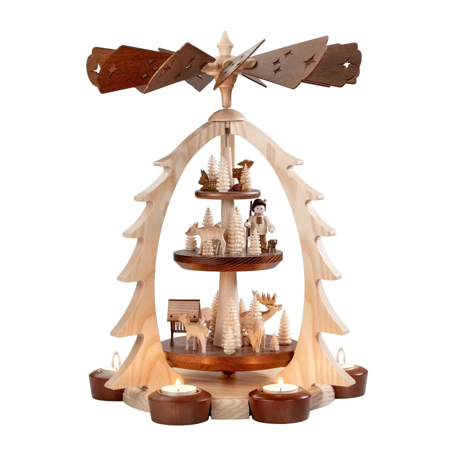 HODREWA Weihnachtspyramiden-Teelicht-Pyramide "Rehe im Wald"