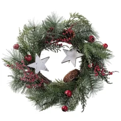 Adventsdeko & Kalender-Tür- oder Tischkranz mit roten Beeren und silbernen Sternen