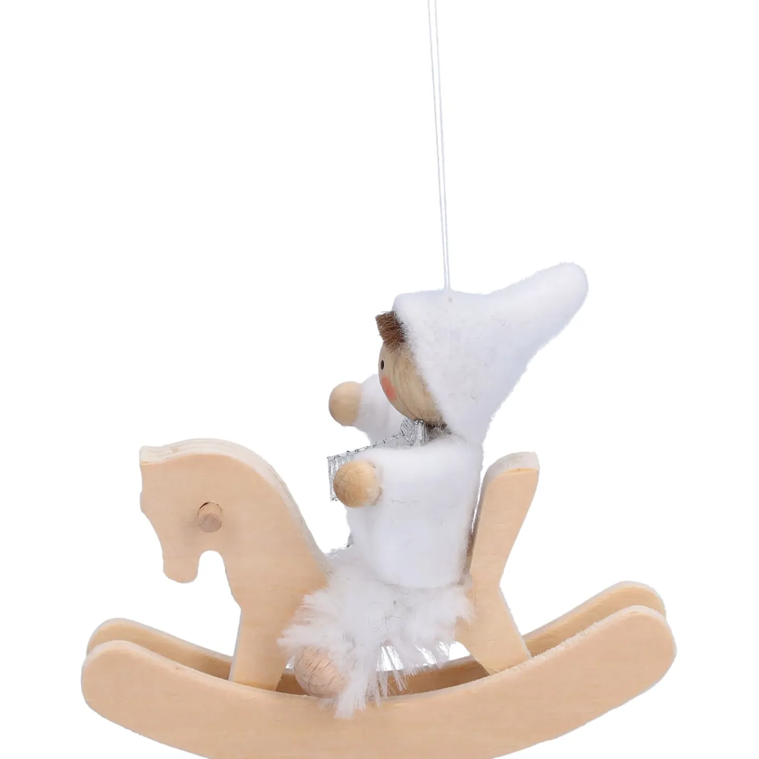 Käthes Original Christbaumschmuck Holz|Käthes Original Figuren-Weihnachtswichtel auf Schaukelpferd, weiß, Holz-Baumbehang