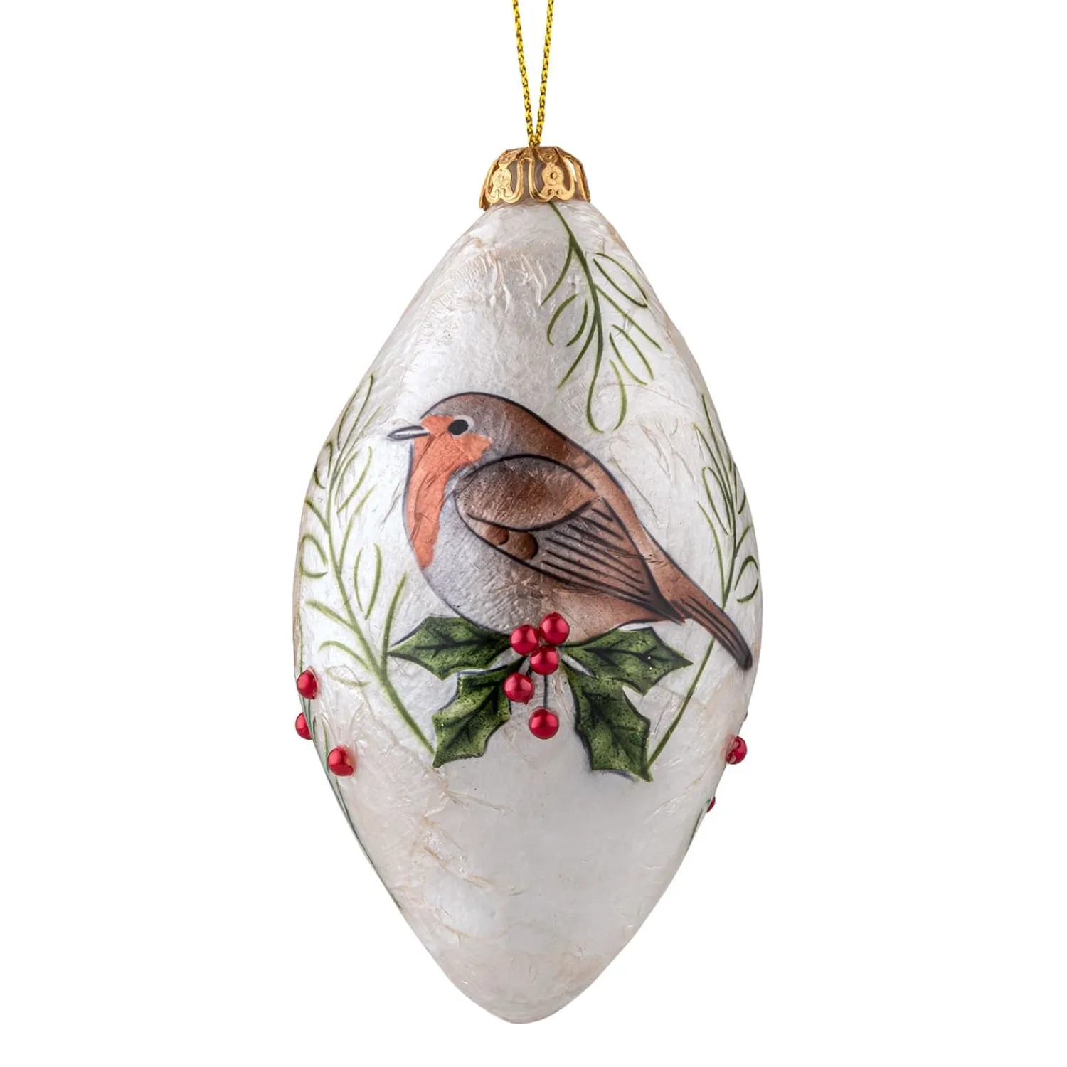 Baumschmuck Aus Perlmutt-Zapfen aus Perlmutt Rotkehlchen auf Zweig, 6 cm