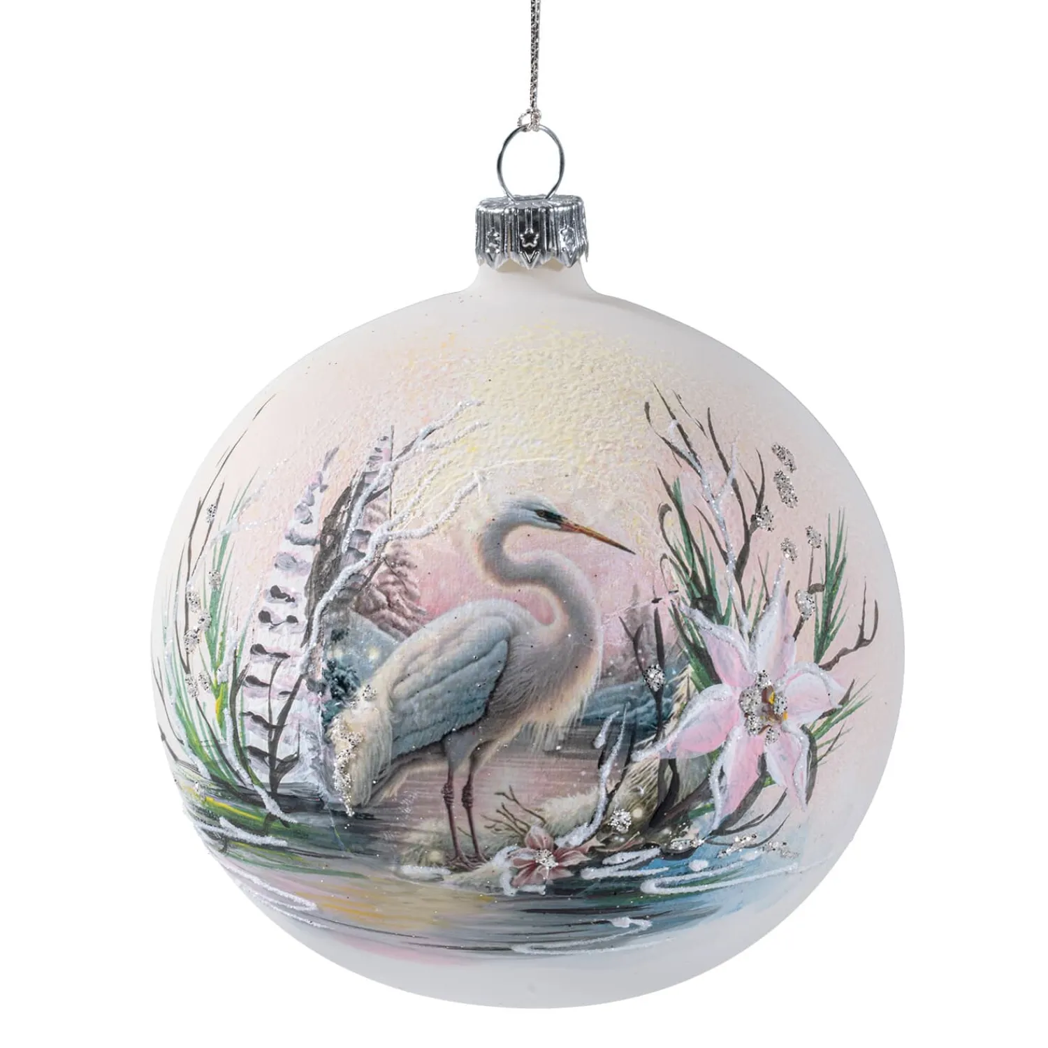 Weihnachtskugeln Aus Glas|Weihnachtskugeln-Glaskugel creme matt "Fischreiher", 10 cm