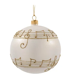 Weihnachtskugeln|Weihnachtskugeln Aus Glas-Glaskugel cremefarben mit Notenband, 8 cm