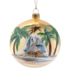 Weihnachtskugeln Aus Glas|Weihnachtskugeln-Glaskugel goldgelb opal "Heilige Familie unter Palmen", 10 cm