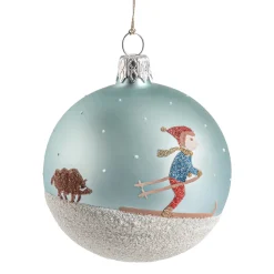 Weihnachtskugeln-Glaskugel graublau matt mit Skifahrer, 7 cm