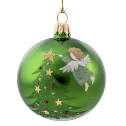 Weihnachtskugeln-Glaskugel grün glänzend mit Engel und Baum, 7 cm