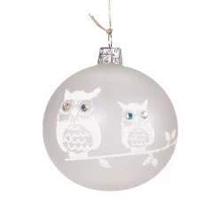 Weihnachtskugeln-Glaskugel mattweiß mit zwei weißen Eulen, 8cm