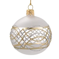 Weihnachtskugeln-Glaskugel matt-weiß/klar mit gold-silberner Verzierung, 6 cm