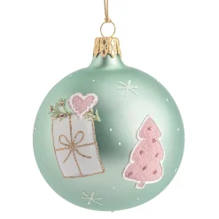 Weihnachtskugeln-Glaskugel mint matt mit Geschenk und Baum, 7 cm