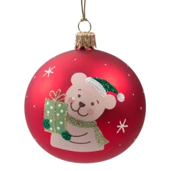 Weihnachtskugeln Aus Glas-Glaskugel rot matt mit Bär mit Geschenk, 7 cm