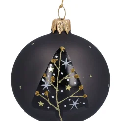 Weihnachtskugeln Aus Glas-Glaskugel schwarz matt mit Baum, 7 cm