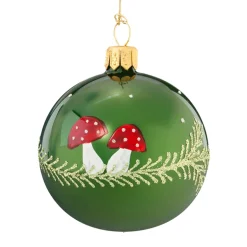 Weihnachtskugeln|Weihnachtskugeln Aus Glas-Kugel grün mit Fliegenpilzen, 6 cm