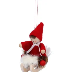 Käthes Original Käthes Original Figuren|Christbaumschmuck Holz-Weihnachtswichtel auf Schlitten, rot, Holz-Baumbehang